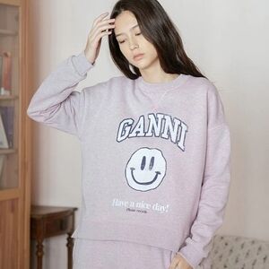 Ganni Isoli smiley face drop shoulder crewneck sweatshirt lilac XS NWOT